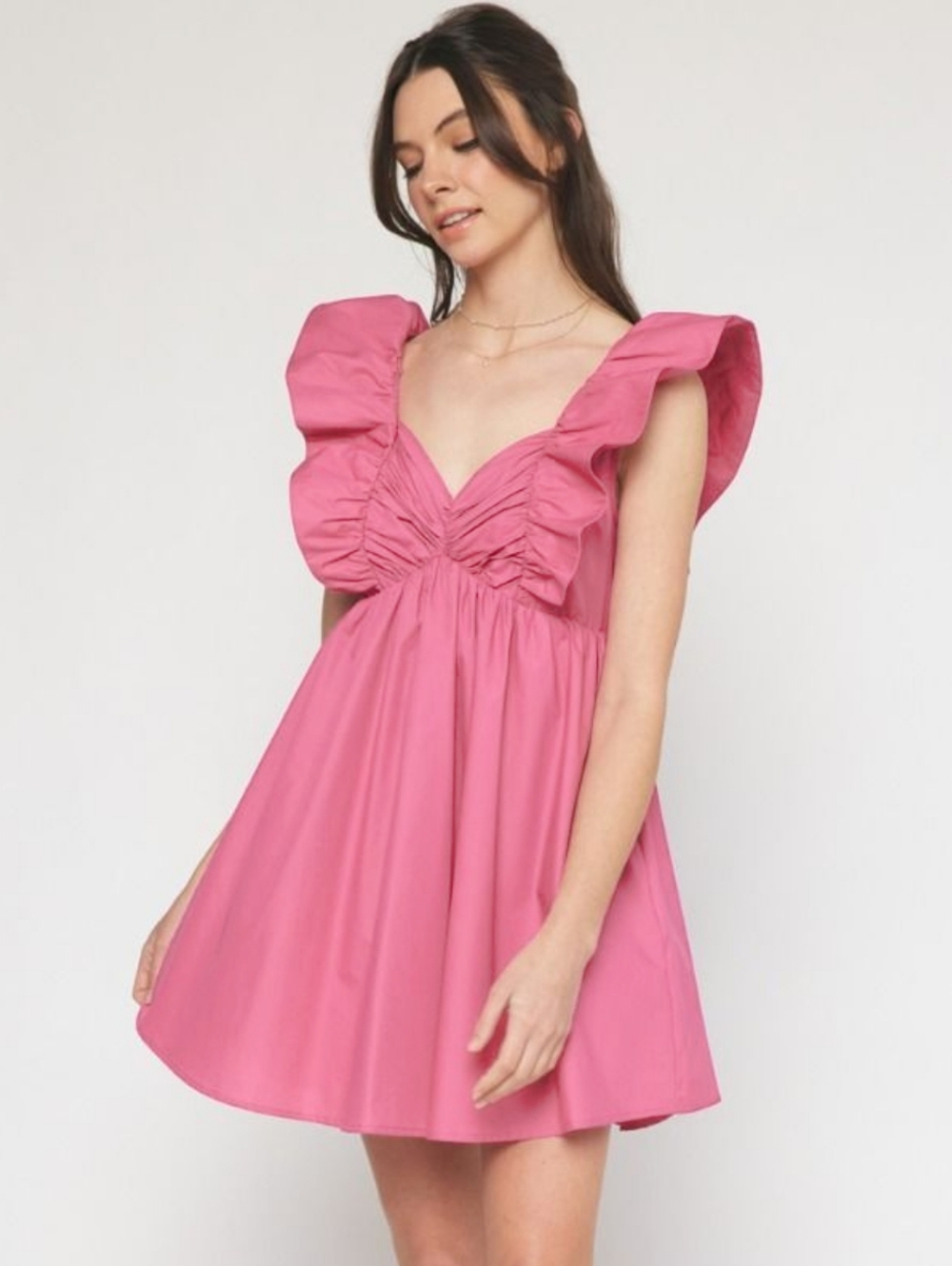 Entro Pink Ruffled Tiered Mini Dress with Plunge Neckline | Size L